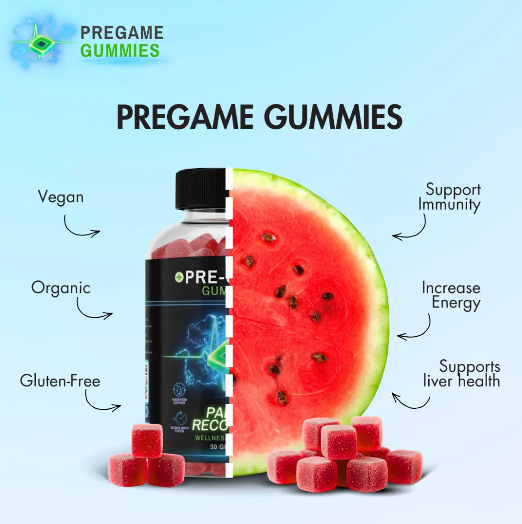 30-Count Natural Chewable Gluten-Free Watermelon Alcohol Recovery Gummies, Hangover Relief, Prop 65 Safe Pregame & Aftercare Snacks