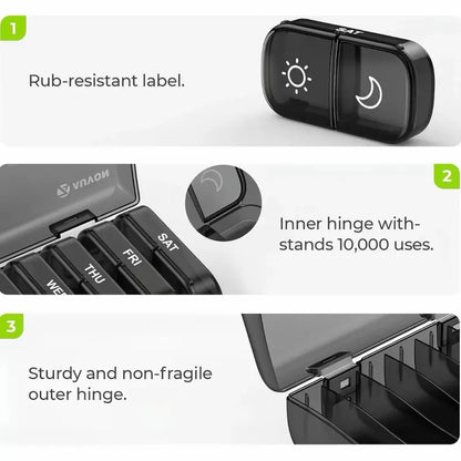 XL Weekly Pill Organizer 2 Times a Day, Pill Box 7 Day with One-Side Large Openings for Easy to Use, Black Privacy Protection AM PM Pill Case for Medication, Vitamins, Fish Oils, Supplements Healthcare Aid