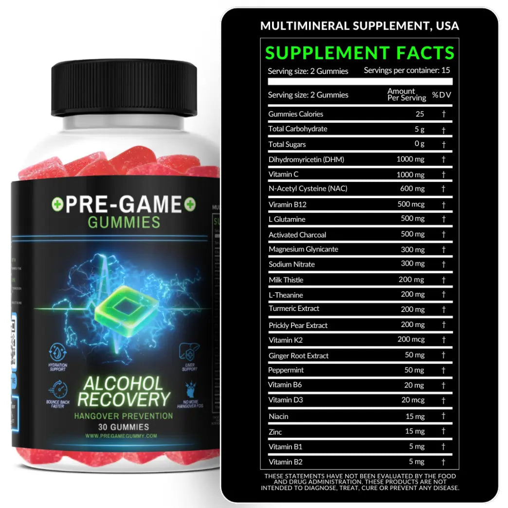 30-Count Natural Chewable Gluten-Free Watermelon Alcohol Recovery Gummies, Hangover Relief, Prop 65 Safe Pregame & Aftercare Snacks