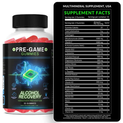 30-Count Natural Chewable Gluten-Free Watermelon Alcohol Recovery Gummies, Hangover Relief, Prop 65 Safe Pregame & Aftercare Snacks