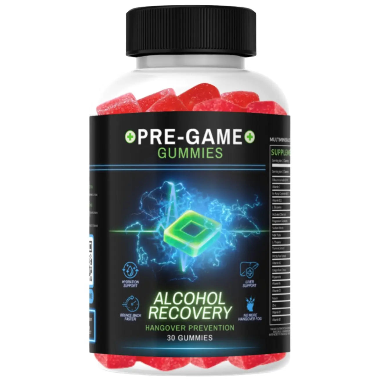 30-Count Natural Chewable Gluten-Free Watermelon Alcohol Recovery Gummies, Hangover Relief, Prop 65 Safe Pregame & Aftercare Snacks