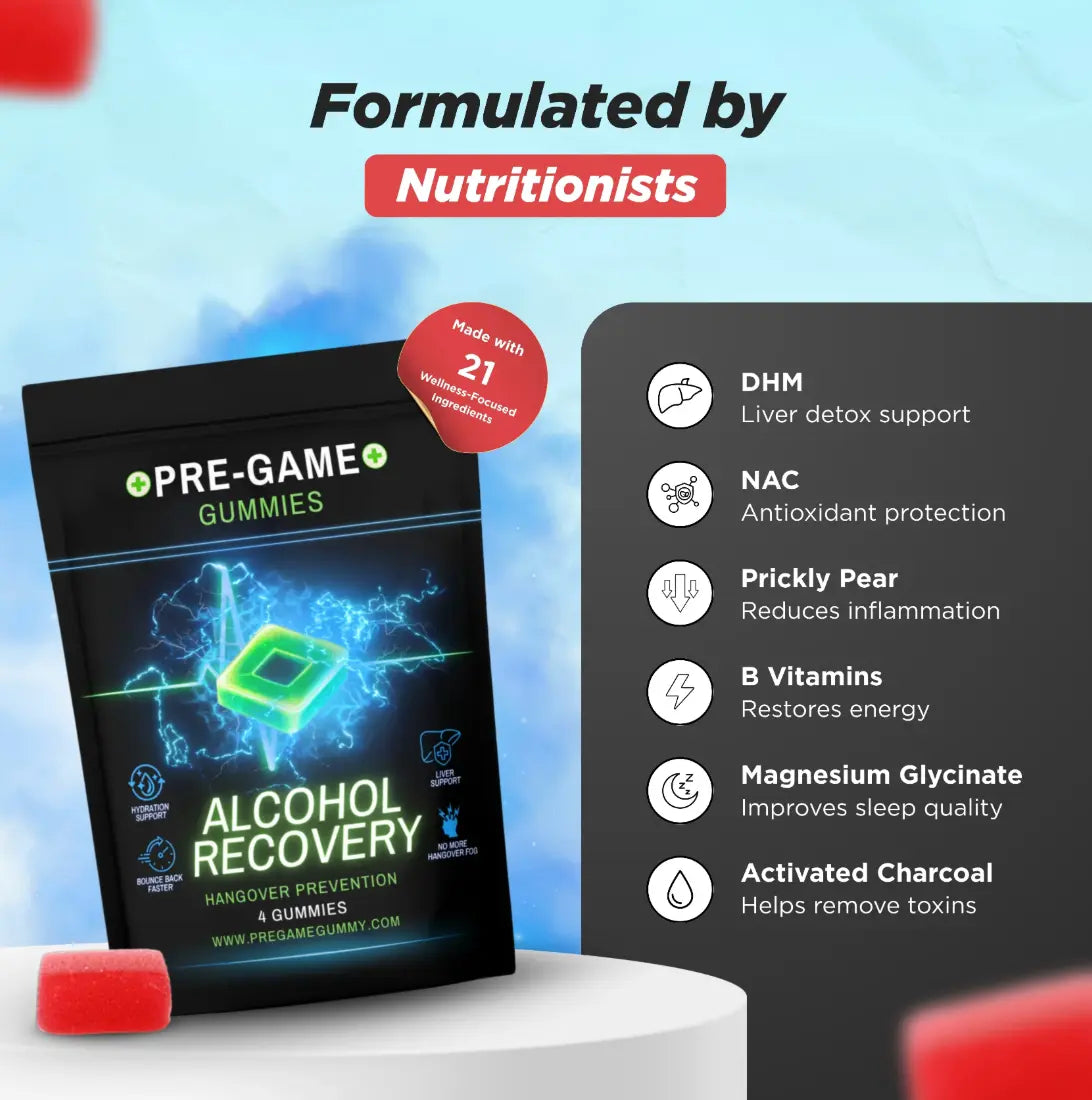 30-Count Natural Chewable Gluten-Free Watermelon Alcohol Recovery Gummies, Hangover Relief, Prop 65 Safe Pregame & Aftercare Snacks
