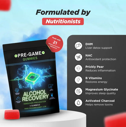30-Count Natural Chewable Gluten-Free Watermelon Alcohol Recovery Gummies, Hangover Relief, Prop 65 Safe Pregame & Aftercare Snacks
