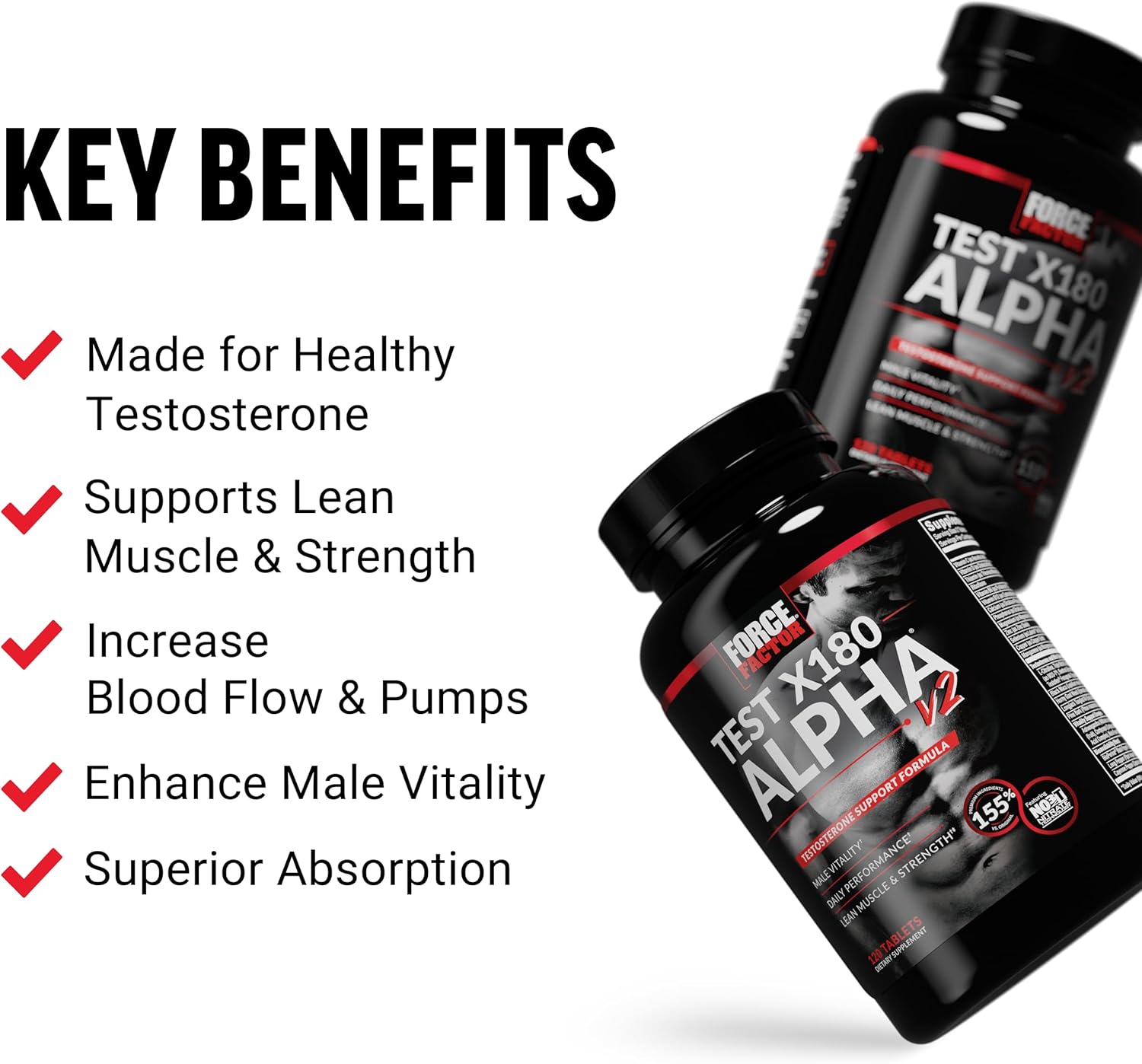 Force Factor Test X180 Alpha V2 T-Support for Men, T-Supplement to Help Build Strength, Boost Nitric Oxide, and Support Daily Performance, 120 Tablets