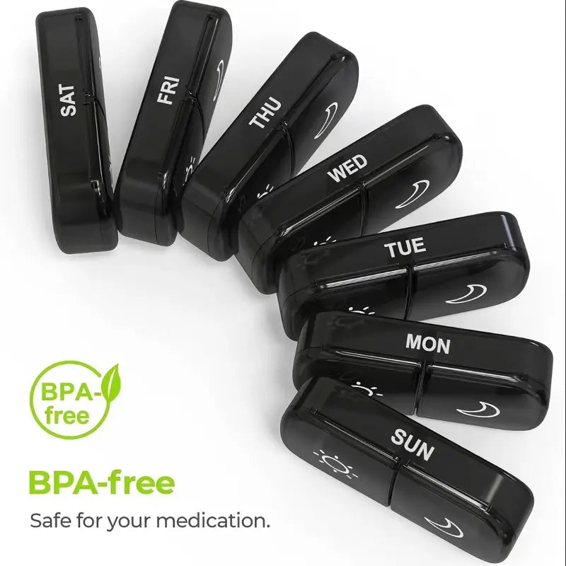 XL Weekly Pill Organizer 2 Times a Day, Pill Box 7 Day with One-Side Large Openings for Easy to Use, Black Privacy Protection AM PM Pill Case for Medication, Vitamins, Fish Oils, Supplements Healthcare Aid