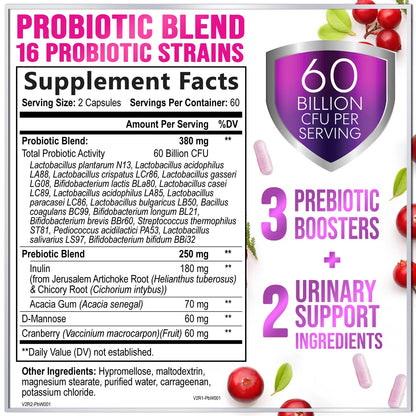 Probiotics for Women - Prebiotic and Probiotic Blend 60 Billion CFU per Serving - 16 Strain Women'S Probiotic for Ph Balance & Vaginal Support - Digestive & Immune Support, Bottled USA - 120 Capsules