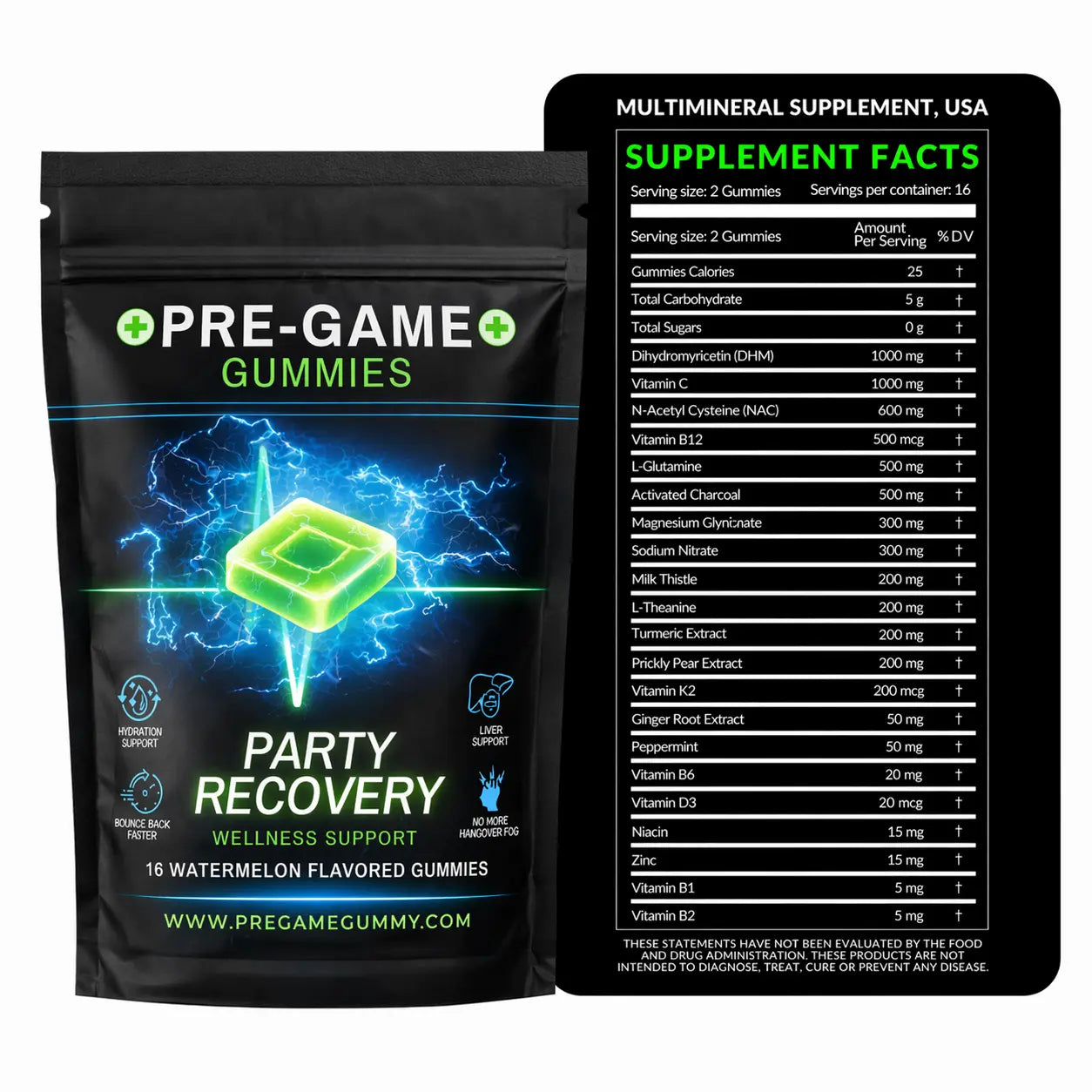 30-Count Natural Chewable Gluten-Free Watermelon Alcohol Recovery Gummies, Hangover Relief, Prop 65 Safe Pregame & Aftercare Snacks