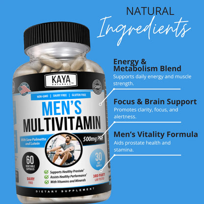 Kaya Naturals Multivitamin for Men - Men'S Prostate Multivitamin - Multi Mineral Daily Supplement - Pills for Men - Supports Healthy Prostate - Vitaminas Para Hombres - 60 Veggie Capsules