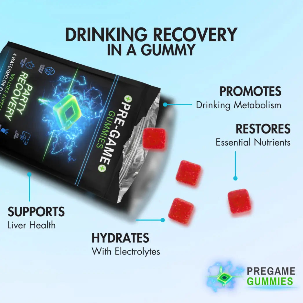 30-Count Natural Chewable Gluten-Free Watermelon Alcohol Recovery Gummies, Hangover Relief, Prop 65 Safe Pregame & Aftercare Snacks