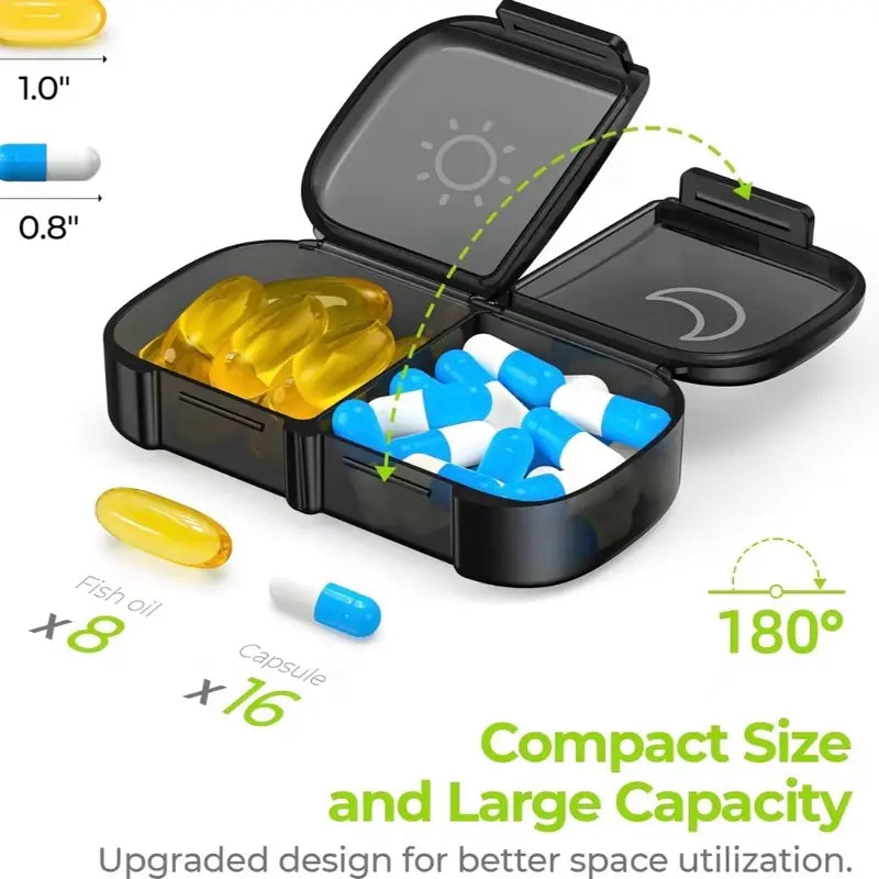 XL Weekly Pill Organizer 2 Times a Day, Pill Box 7 Day with One-Side Large Openings for Easy to Use, Black Privacy Protection AM PM Pill Case for Medication, Vitamins, Fish Oils, Supplements Healthcare Aid
