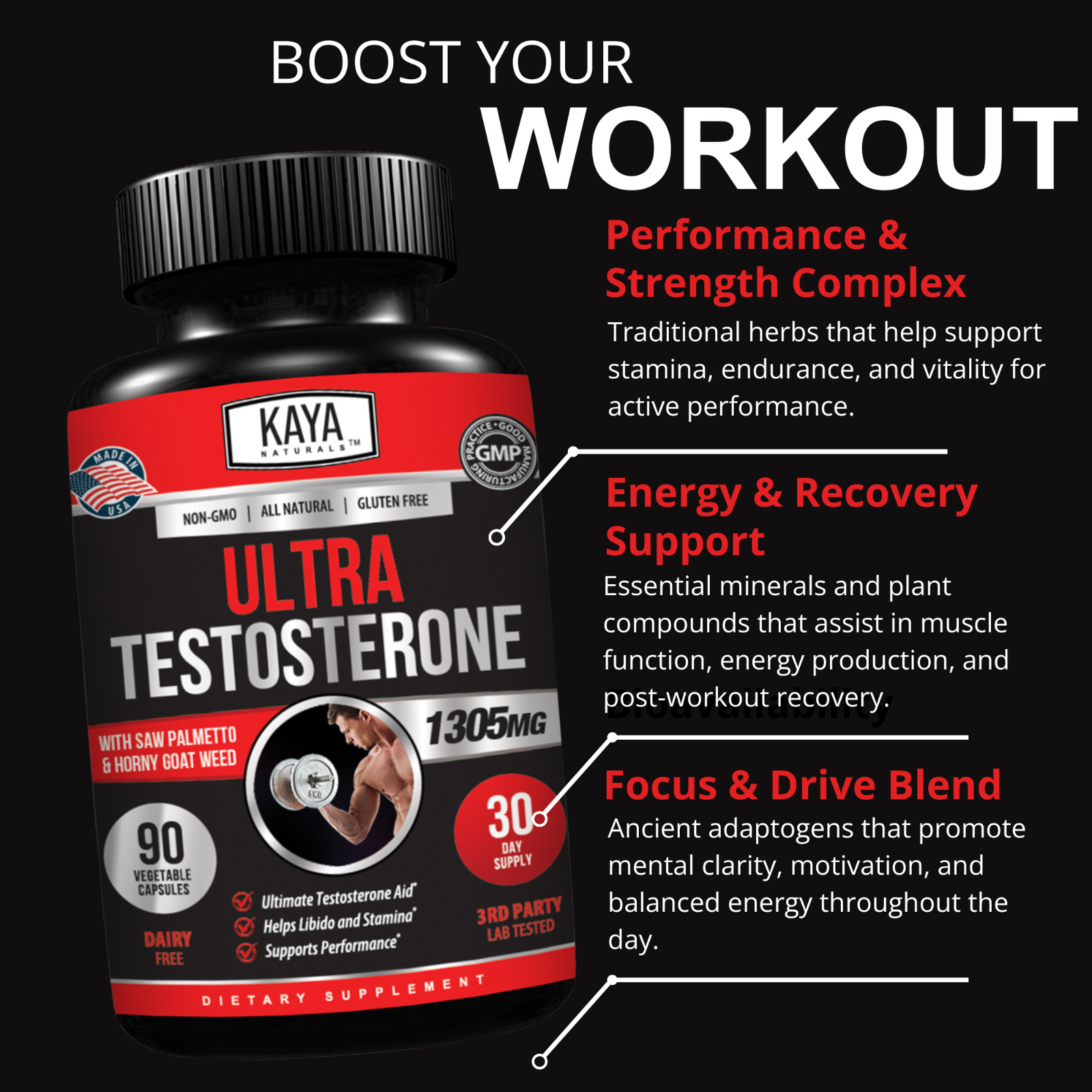 Natural Testosterone Booster 90Ct Increase Energy Improve Muscle Strength Growth